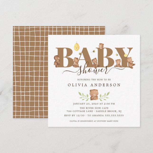 Baby shower d'ours au miel mignon Invitation (Devant / Derrière)