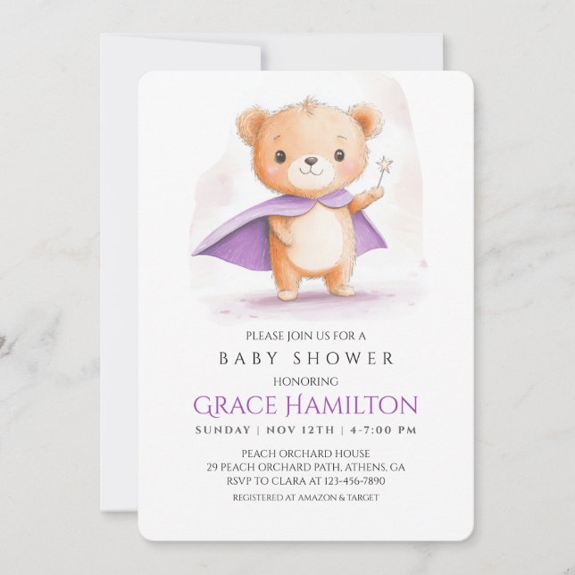 Baby shower d'ours magique violet Invitation pour  (Devant)