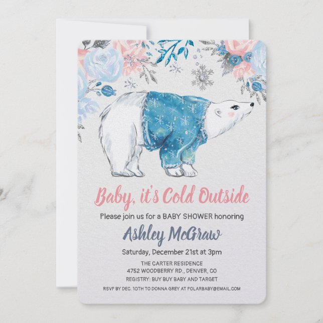 Baby shower d'ours polaire Invitation florale (Devant)