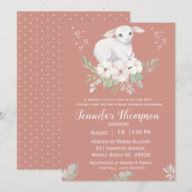 Baby shower doux agneau vert Invitation (Devant / Derrière)