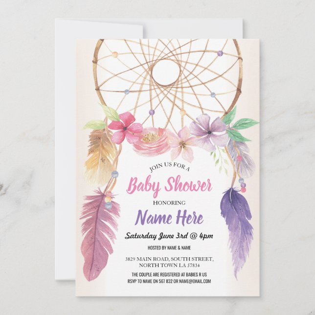 Baby shower Dreamcatcher Floral Invitation rose (Devant)