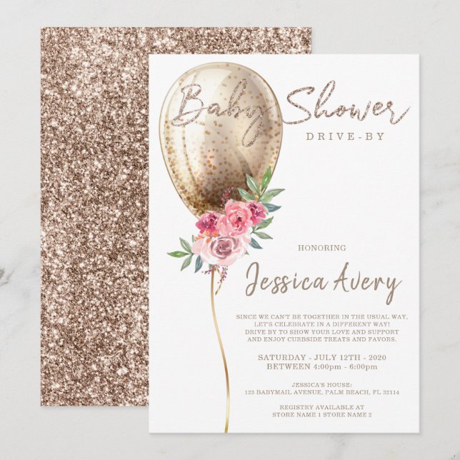 Baby Shower Drive by Luxury Beige Balloon Glitzer Einladung (Vorne/Hinten)