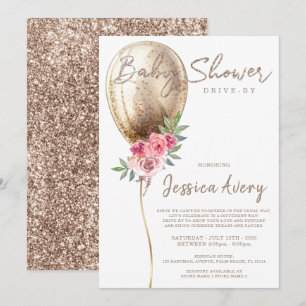 Baby Shower Drive by Luxury Beige Balloon Glitzer Einladung
