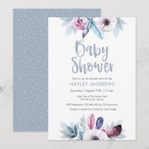 Baby Shower Einladung blaue lila Blumenfedern