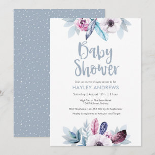 Baby Shower Einladung blaue lila Blumenfedern