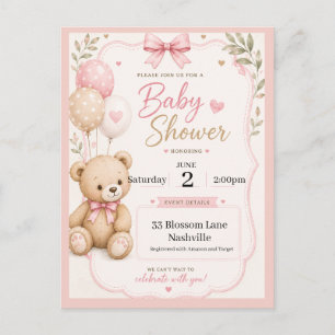 Baby Shower Einladung für Mädchen im Teddybären-De Postkarte