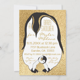 Baby Shower Einladung Gold Baby & Mommy Penguin