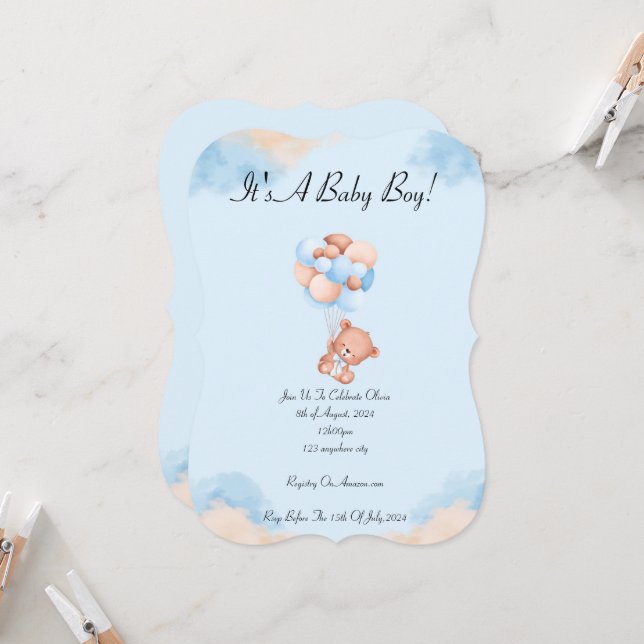 BABY SHOWER EINLADUNG IN BLAU FÜR JUNGEN (Vorderseite/Rückseite Beispiel)