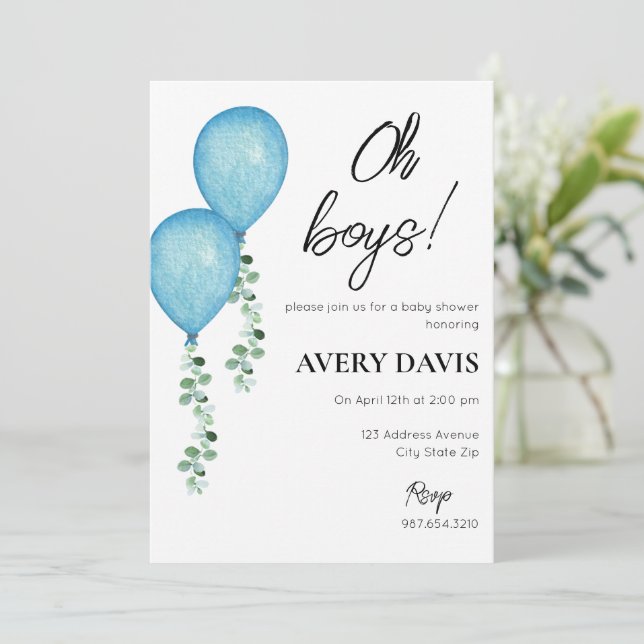Baby Shower Einladung Twin Boys Blue Balloons (Stehend Vorderseite)