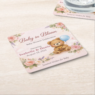 Baby-Shower-Einladungskarten   Baby in Bloom Bär Rechteckiger Pappuntersetzer