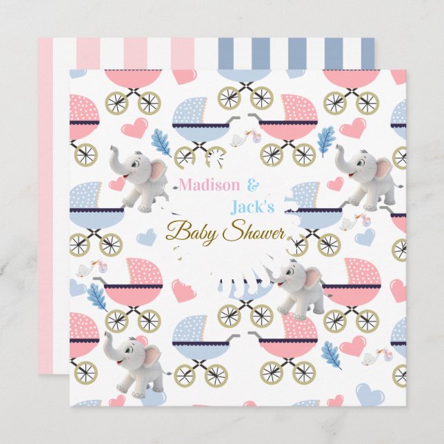 Baby Shower Elephant Baby StrollerCard Invitation  (Devant / Derrière)