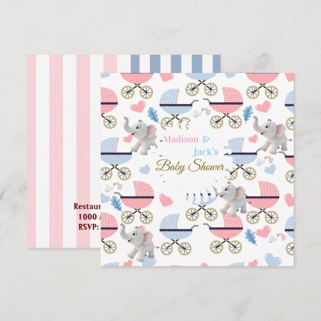 Baby Shower Elephant Baby StrollerCard Invitation  Einladung (Vorne/Hinten)