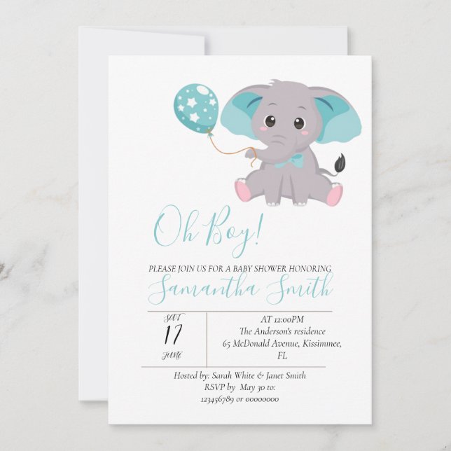 baby shower éléphant Bleu Ballons Invitation (Devant)