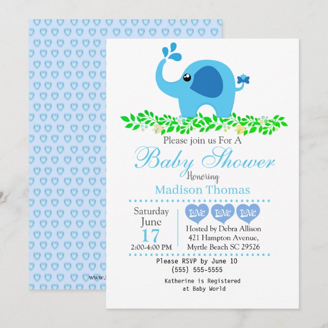 Baby shower Eléphant Bleu Cute Invitation (Devant / Derrière)