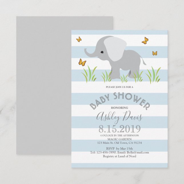 Baby shower éléphant bleu gris garçon Invitation (Devant / Derrière)