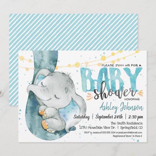 Baby shower éléphant garçon, Invitation bleue (Devant / Derrière)