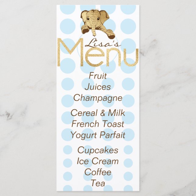 Baby Shower Elephant Gold Blue Menükarte (Vorderseite)