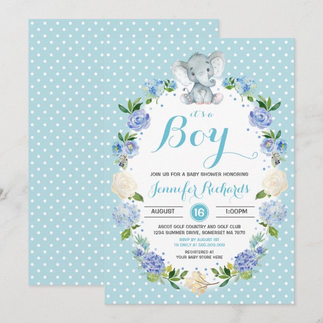 Baby shower éléphant Invitation Baby shower garçon (Devant / Derrière)