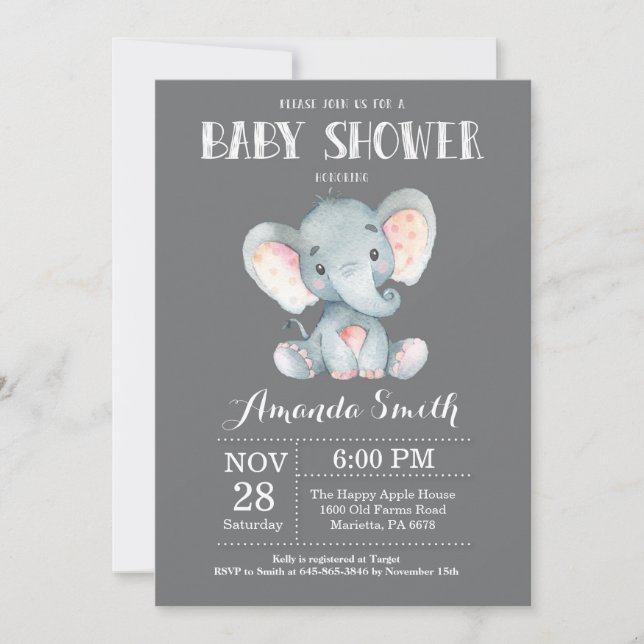 Baby shower éléphant Invitation gris (Devant)