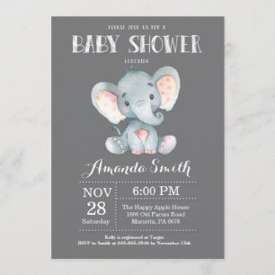 Baby shower éléphant Invitation gris