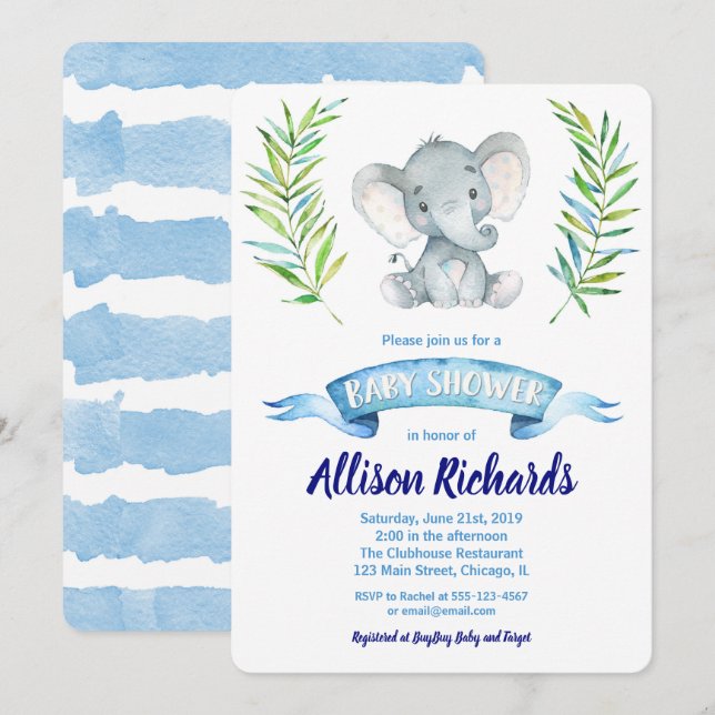 Baby shower éléphant invitation pour garçon aquare (Devant / Derrière)