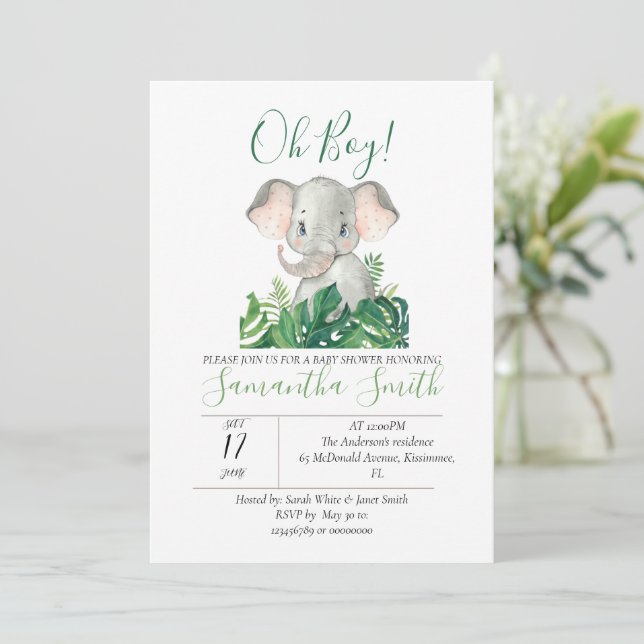 Baby shower Elephant Jungle Green Invitation (Debout devant)