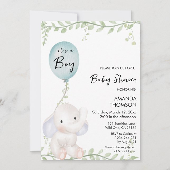 Baby shower Eléphant mignon Invitation (Devant)