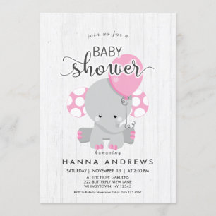 Baby shower éléphant rose bois blanc Invitation