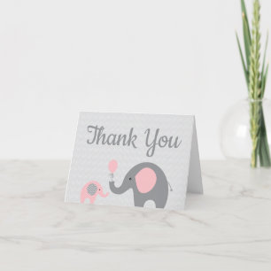 Baby shower Eléphant rose Carte de remerciements p