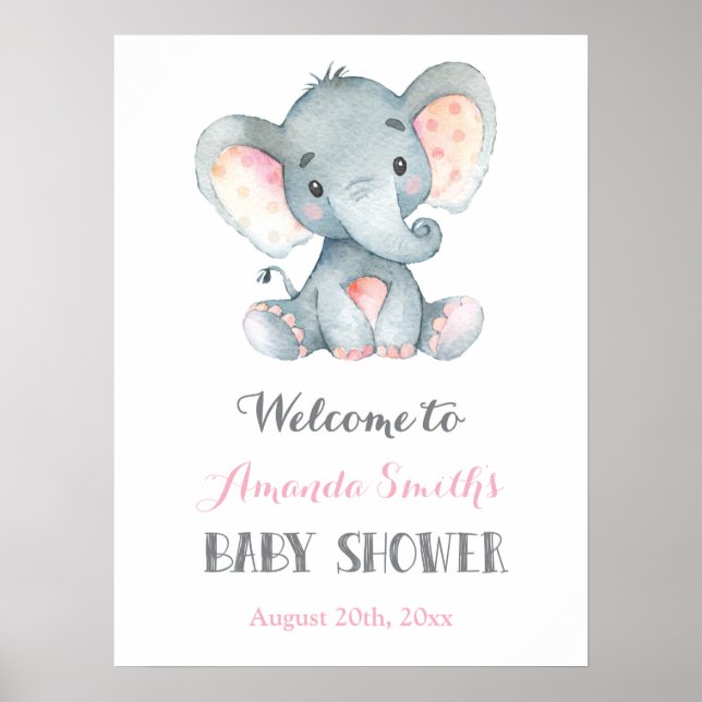 Baby shower éléphant rose et gris Affiche de bienv (Devant)