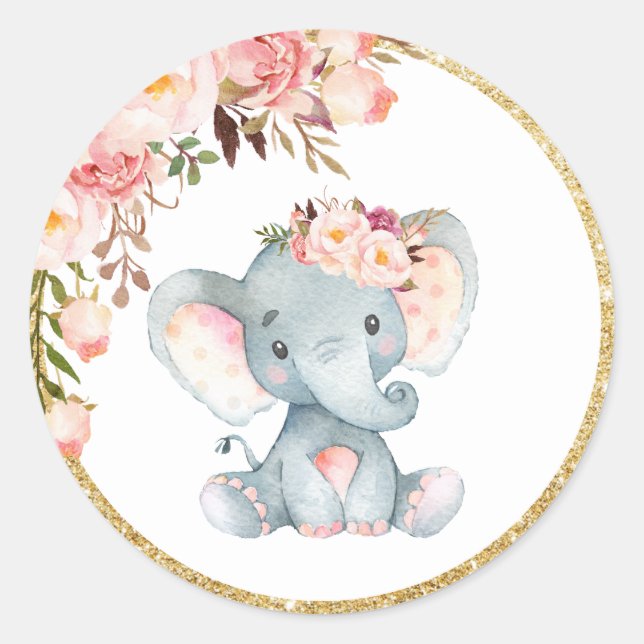 Baby shower Eléphant rose Favoriser Sticker Étique (Devant)