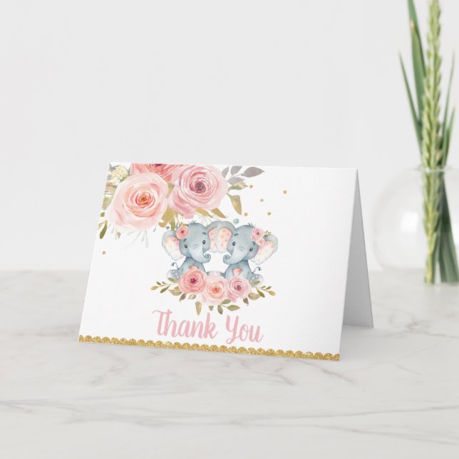 Baby shower Eléphant Twin Girls Anniversaire Merci (Devant)