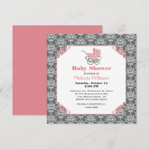 Baby shower Elgant Damask Pink Stroller Invitation