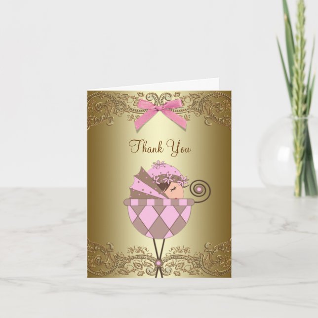 Baby shower en dentelle rose or Merci Cartes (Devant)