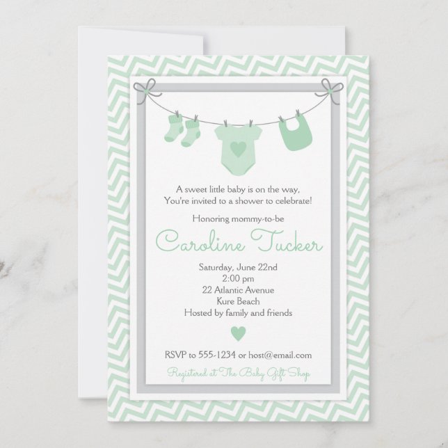 Baby shower en ligne Invitation vert et gris (Devant)