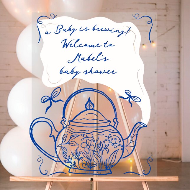 Baby shower en théière bleu rétro bienvenue (Retro blue bows teapot baby shower welcome acrylic sign)