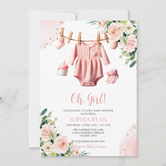 Baby shower en vêtements roses Invitation (Devant)