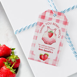 Baby-Shower-Erdbeer-Gingham-Süße-Dankeschön-Gesche Geschenkanhänger