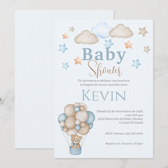 Baby shower espagnol Invitation Ours bleu Garçon (Devant / Derrière)