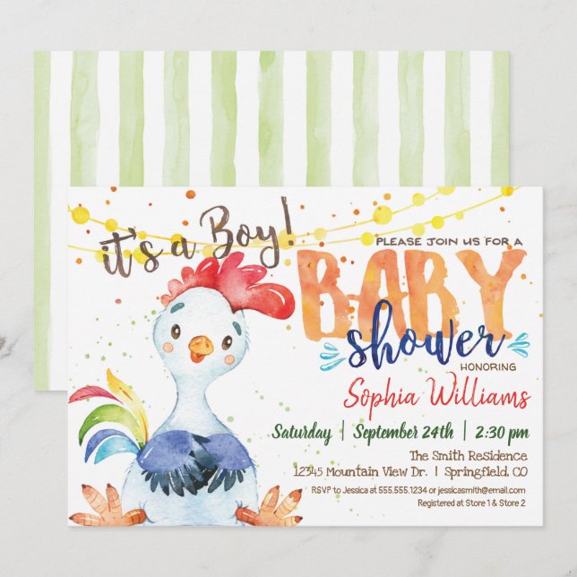 Baby shower Farm Boy Invitation au coq (Devant / Derrière)