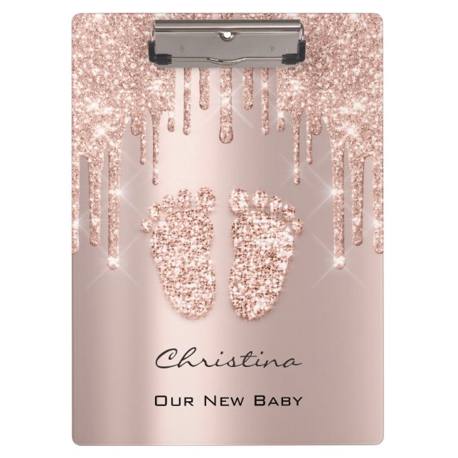 Baby Shower Feet Boy Girl Name Danke Rose Gold Klemmbrett (Vorderseite)