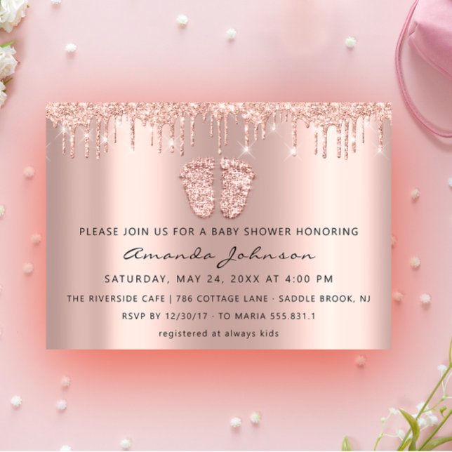 Baby Shower Feet Glitzer Rose Gold Tropfen Boy Gir Einladung (Baby Shower Feet Glitter Rose Gold Drips Boy Girl Invitation)