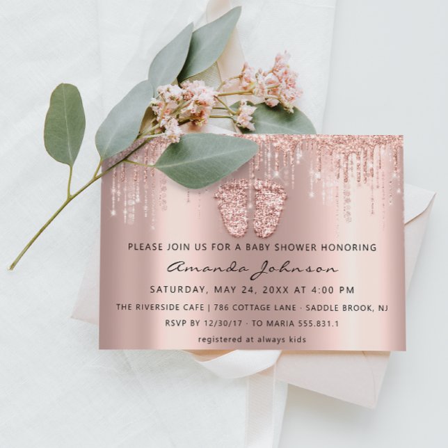 Baby Shower Feet Glitzer Rose Gold Tropfen Boy Gir Einladung (Baby Shower Feet Glitter Rose Gold Drips Boy Girl Invitation)