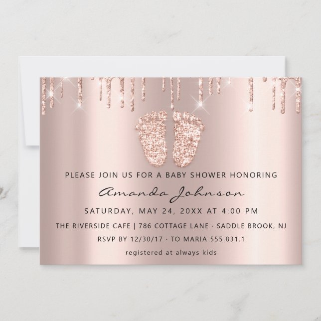 Baby Shower Feet Glitzer Rose Gold Tropfen Boy Gir Einladung (Vorderseite)