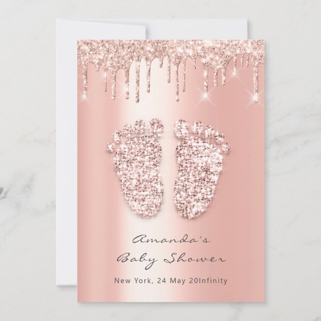 Baby Shower Feet Glitzer Rose Tropfen Foto Boy Gir Einladung (Rückseite)