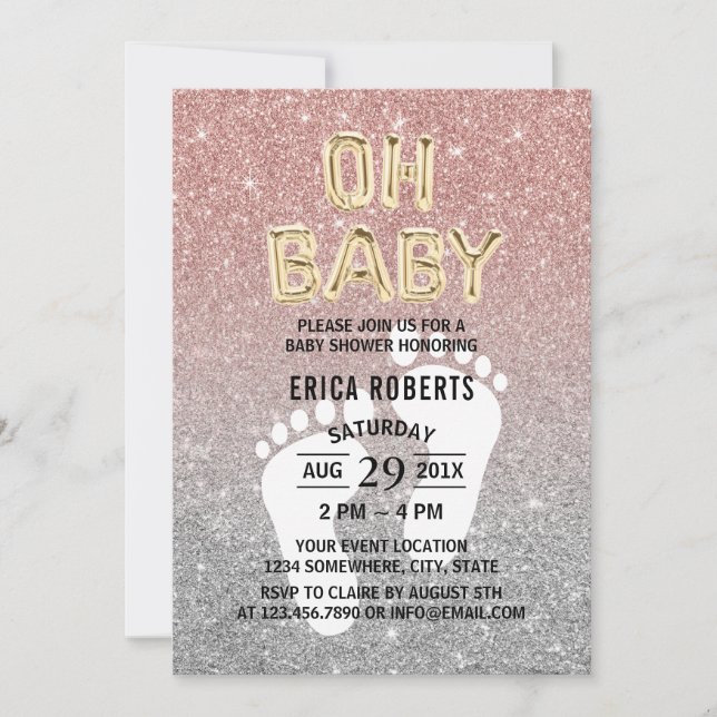 Baby Shower Feet Print Rose Gold & Silver Glitzer Einladung (Vorderseite)