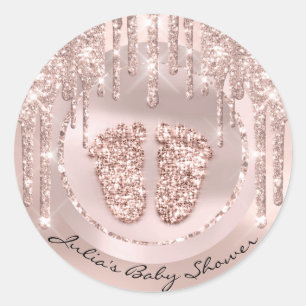 Baby Shower Feet Rosa Name Tropfens Rose Glitzer Runder Aufkleber
