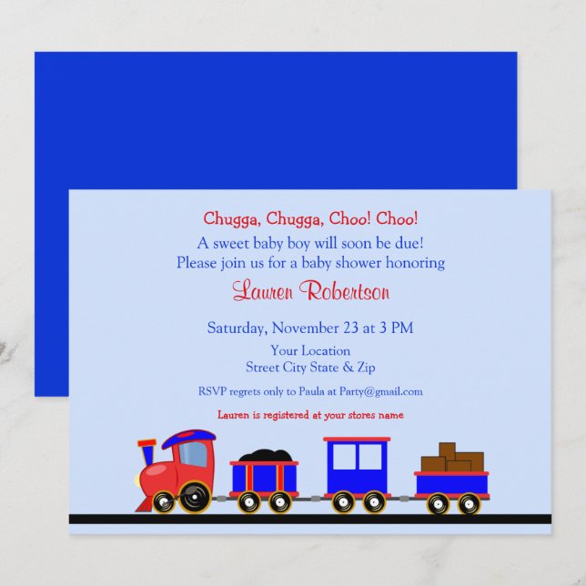 Baby shower ferroviaire rouge et bleu Invitation (Devant / Derrière)