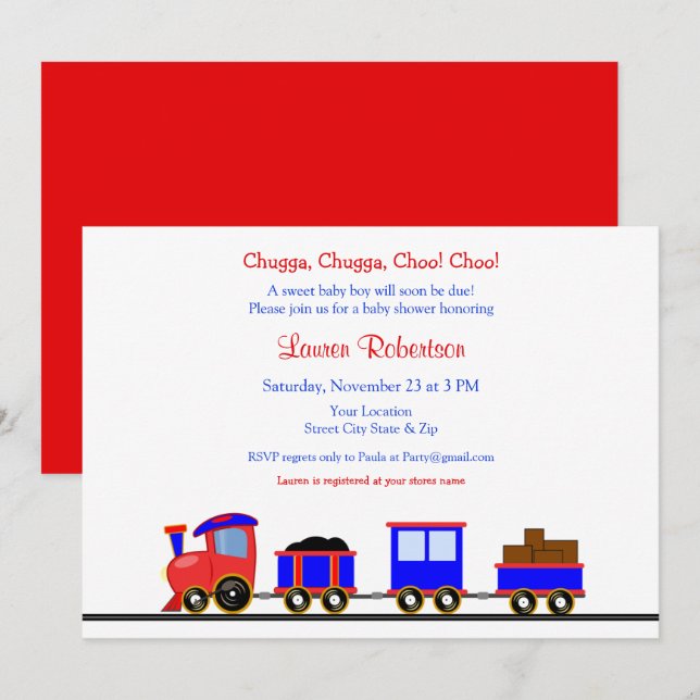 Baby shower ferroviaire rouge et bleu Invitation (Devant / Derrière)