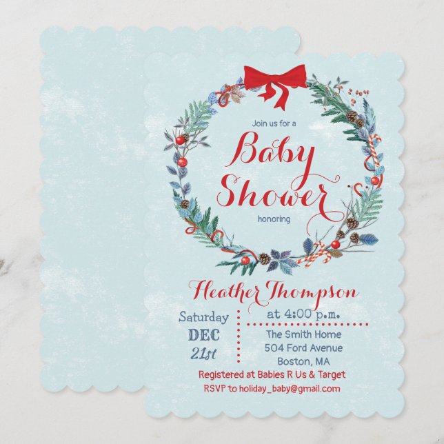 Baby shower Fête Noël Wreath Invitation (Devant / Derrière)